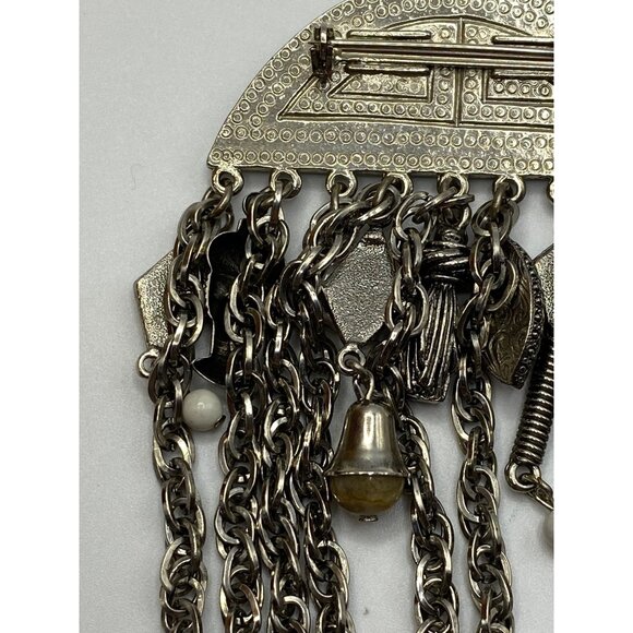 Vintage Silver-Tone Multi-Chain Statement Brooch With Red Beige & White Stone Ac - Picture 9 of 12